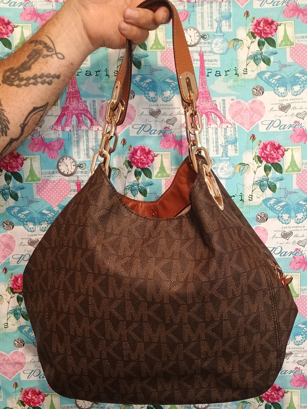 Michael Kors Brown MK Logo Shoulder Hobo with Gold Chain Accents